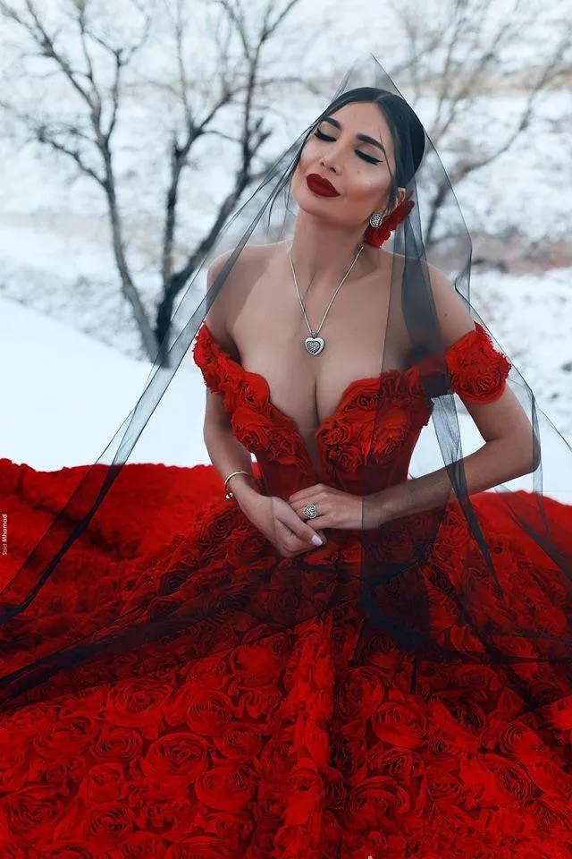 Stunning 2023 Dark Red heavy gown for wedding with 3D Rose Flowers, Cathedral Train, and Off-Shoulder Backless Design - Perfect for Arabic Middle