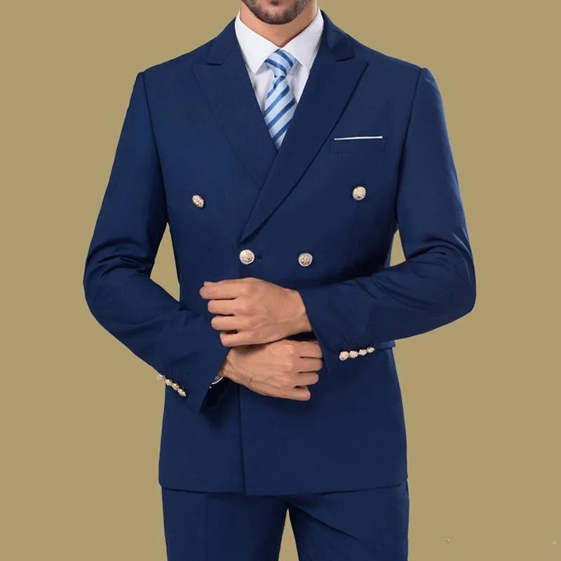 Nowy Wysokiej Jakości Powrót Vent Double Breated Blue Wedding Groom Tuxedos Peak Lapel Groomsmen Mężczyzna Dinner Blazer Garnitury (Kurtka + Spodnie + Krawat) 364