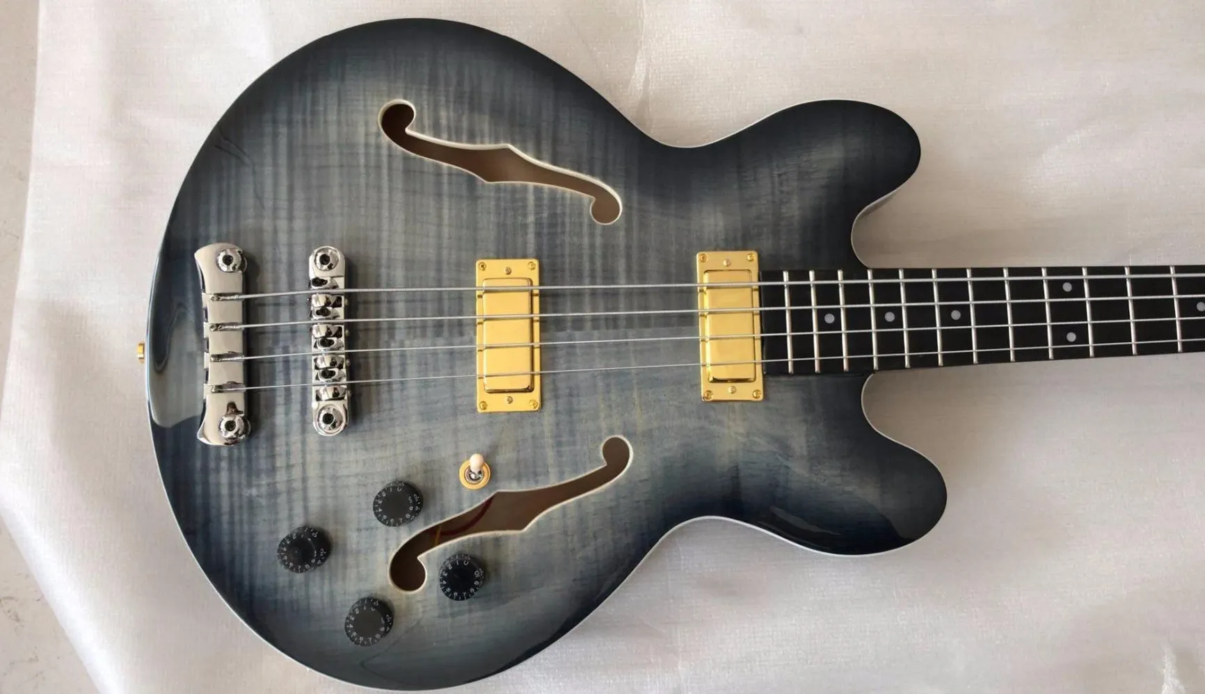 4 Strings Charcoal Black Burst Flame Maple Top Jazz Semi Hollow Body Bass Guitar Double F Hole, Dot Inlay, Gold Hardware