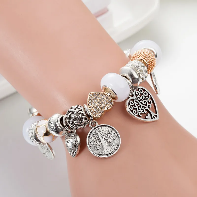 925 Silber vergoldet Baum des Lebens Anhänger Charms Armband Set Original Box für Pandora Schlangenkette DIY Perlen ds Charm Armbänder für Frauen Mädchen