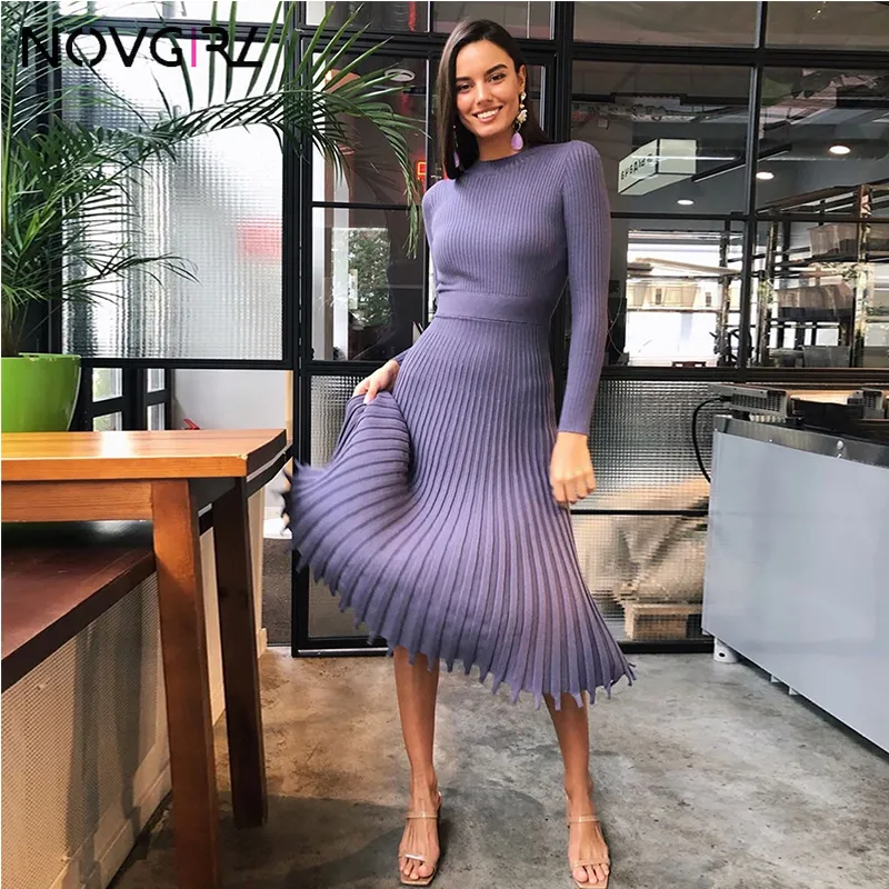 Novgirl outono inverno camisola vestido mulheres 2019 moda tricotada midi vestidos de manga comprida uma linha robe escritorio senhora vestidos