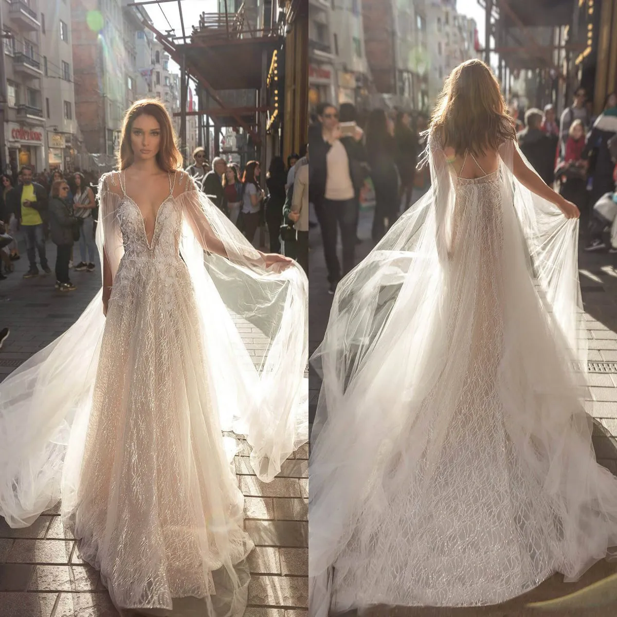 Elegant A Line Wedding Dress with Lace Applique, Feather Sequins, and Sweep Train - Short Sleeves, Wrap, Hoolow Style, Robe de marie
