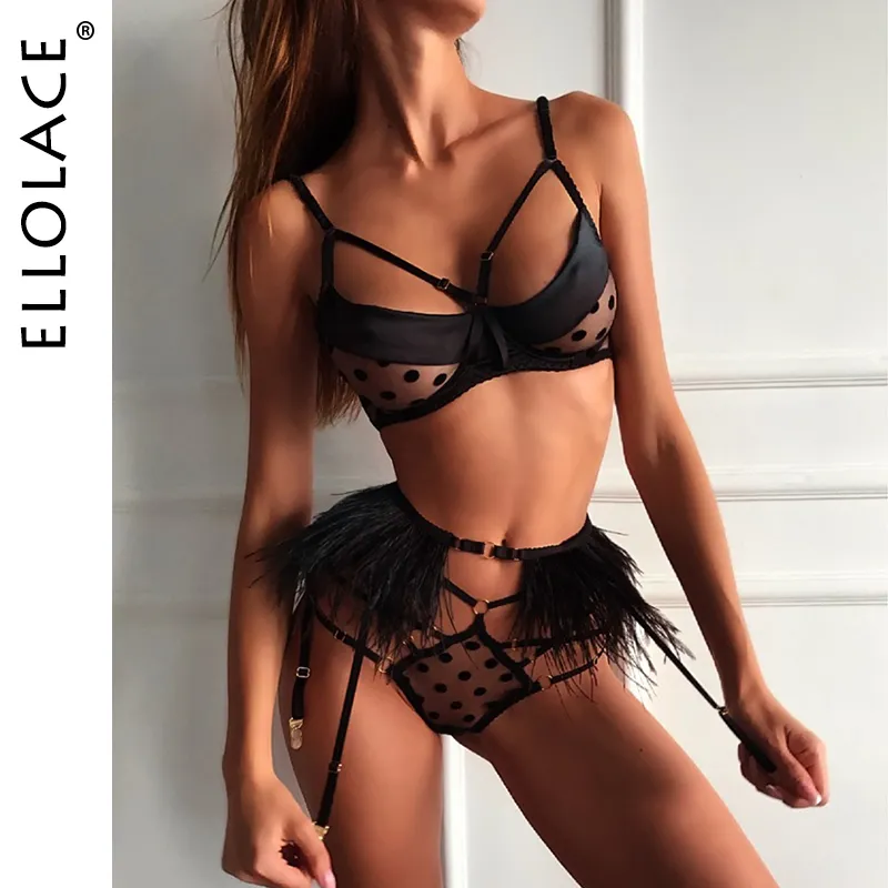 Ellolace Sexy Polka Dot Feather Lace Clovia Bra Panty Sets