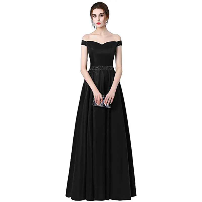 Beaded Satin Long Bridesmaid Dresses 2019 Off Shoulder Evening Gowns Floor Length Formal Dress Black Navy Purple