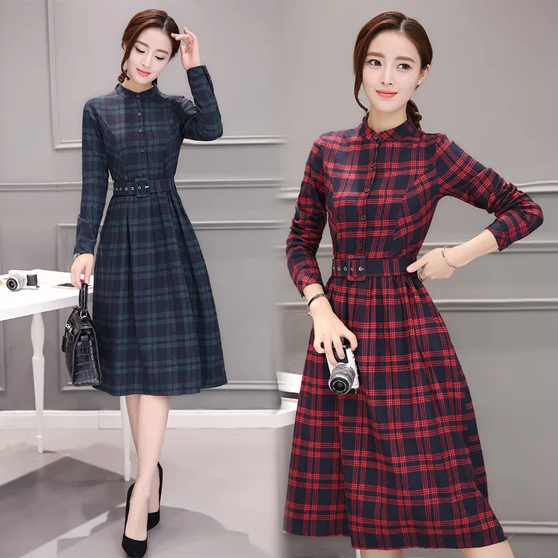Casual Dresses Summer Women s Cotton Long Sleeve Plaid High Waist Collar Midi Dress 2021 Fashion Elegant Work Club Party Vestidos