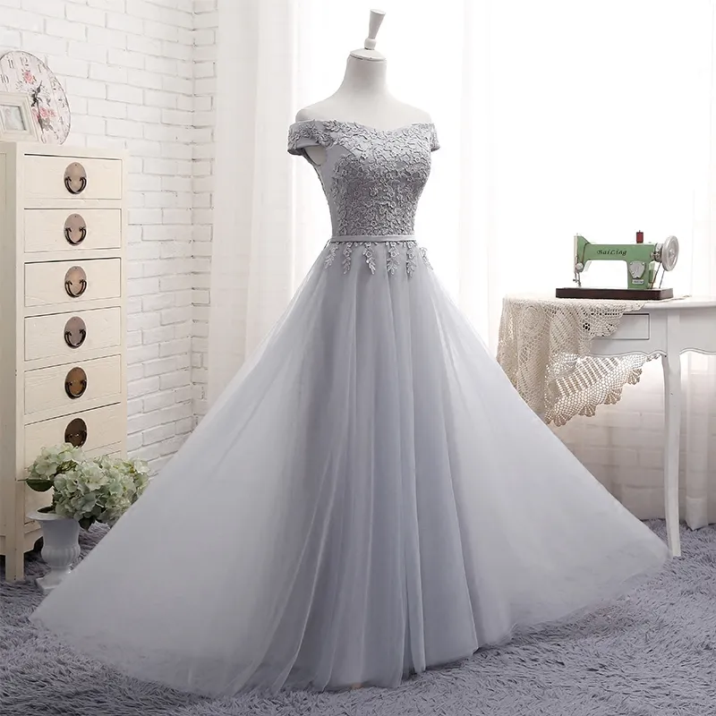 Light Gray Long Bridesmaid Dresses with Lace 2020 Off Shoulder Wedding Guest Dress Tulle Party Gowns