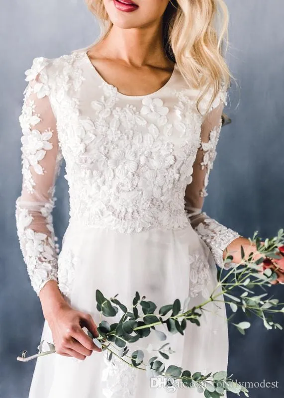 DHgate.com:3D Floral Lace Wedding Dresses Long Sleeve Jewel