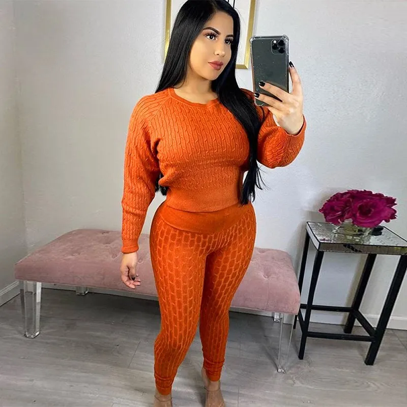 Women 2 Piece Outfits Set Knit Pullover Sweater Cropped Top