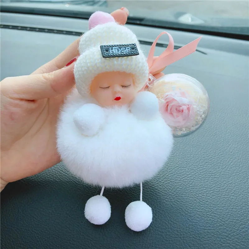 Sweet Fluffy Pompom Sleeping Baby Key Chain Fur Pom Pon Knitted Hat Baby Doll Keychain Car Keyring Toy Trendy Gifts with Flower