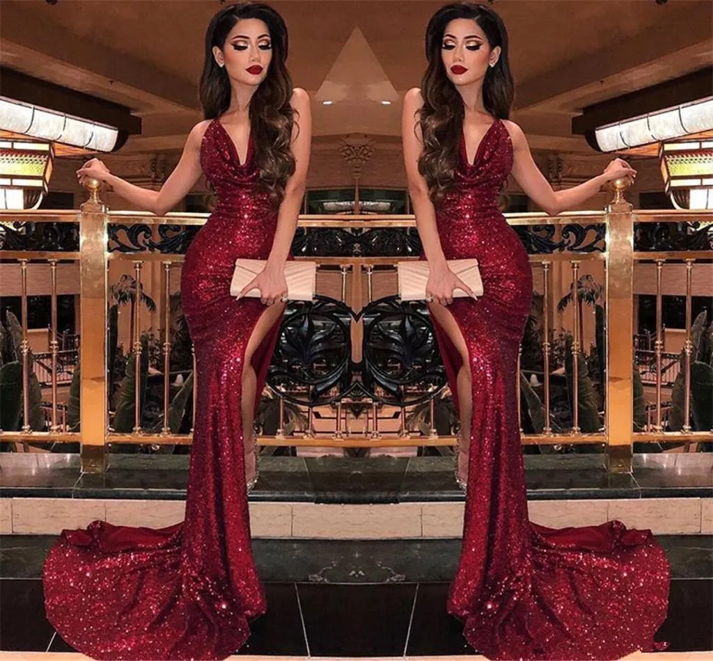 2019 Burgundia V Neck Cekiny Syrenki Prom Dresses Sexy Wysokie Szczeliny Vestidos de Fiesta Sweep Pociąg Formalne Długie Wieczór Party Prom Suknie PD89