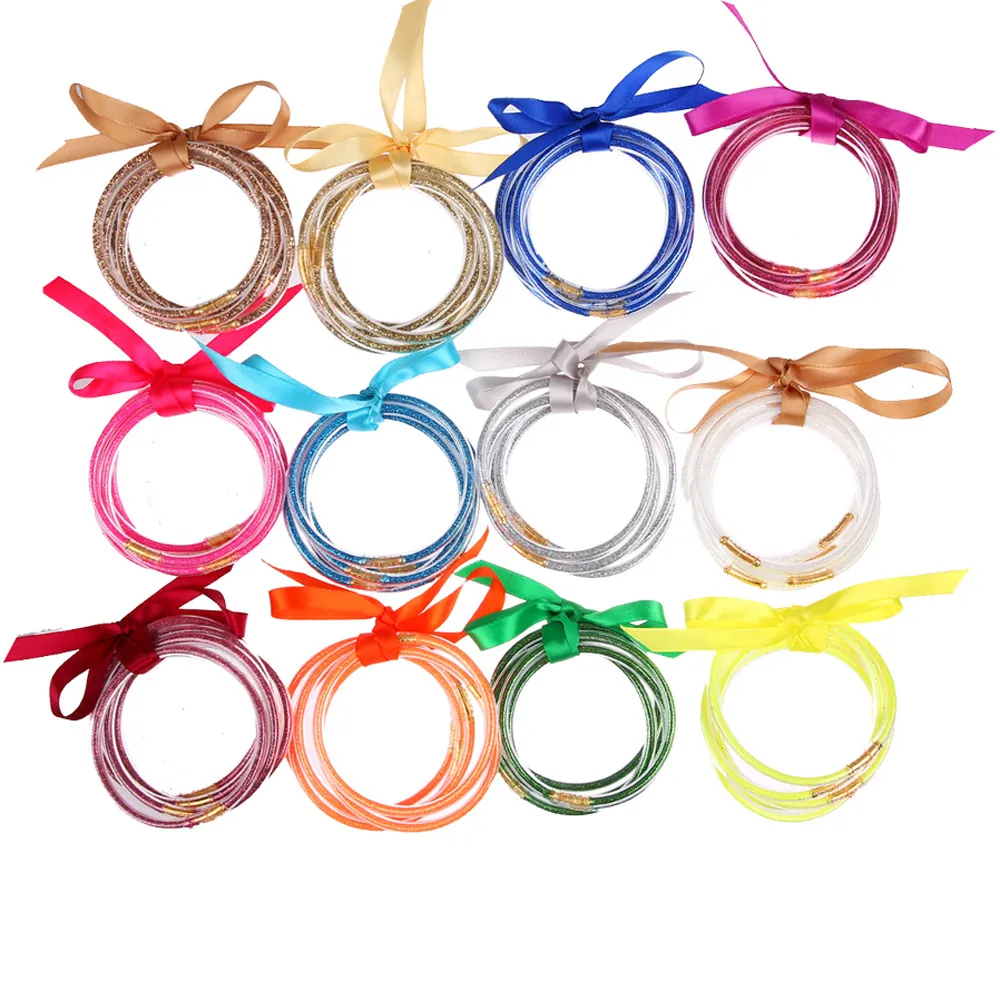 Wstążka brokat Bangles Jelly Bransoletki Zestaw 65mm Wszystkie cekiny pogodowe Wypełnione Silikonowe Plastikowe Bowknot Summer Bransoletka Biżuteria Dla Kobiet Dziewczyn