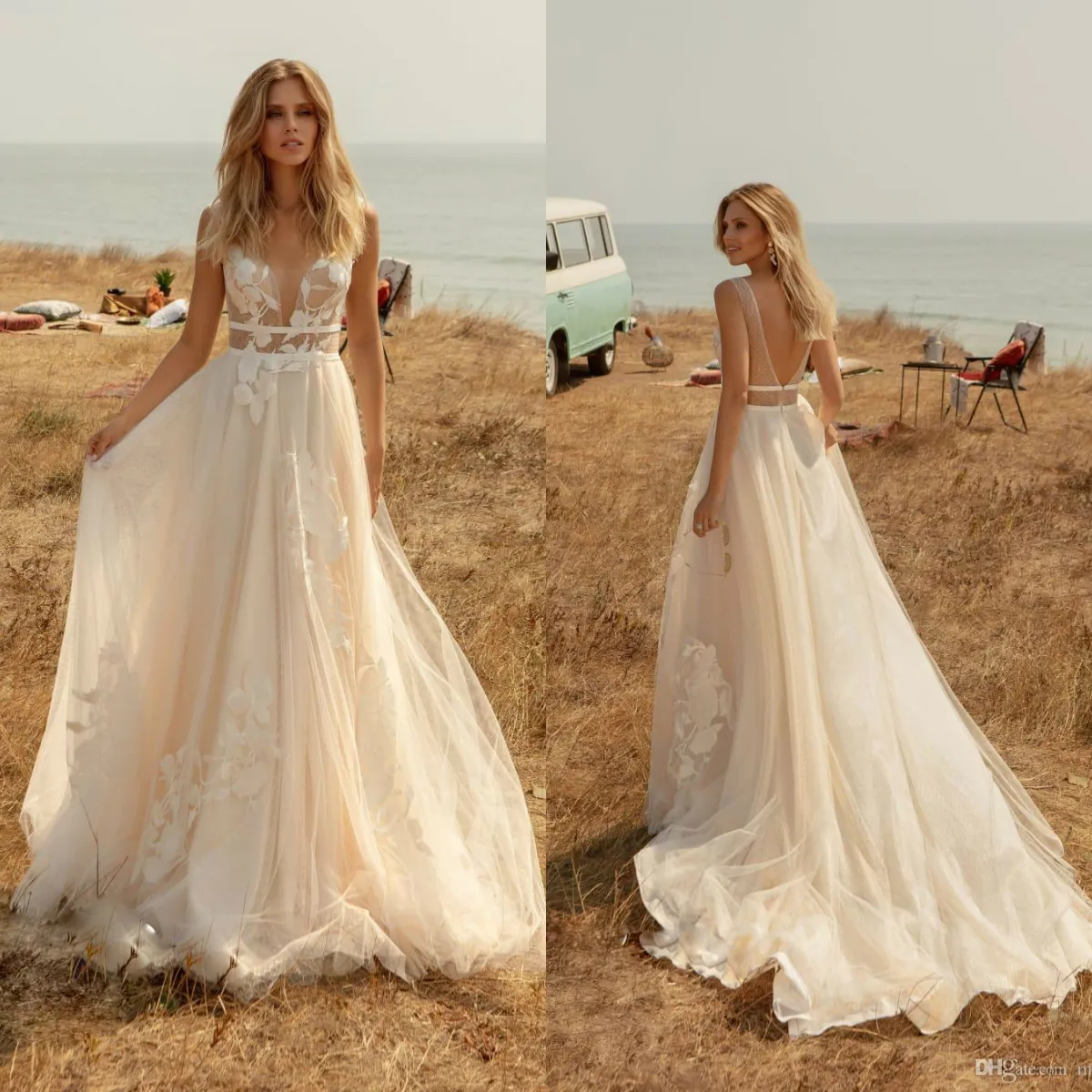 abiti da sposa a linea da spiaggia abito da sposa trasparente con applicazioni in pizzo con scollo a V abito da sposa boho bohémien abito da sposa