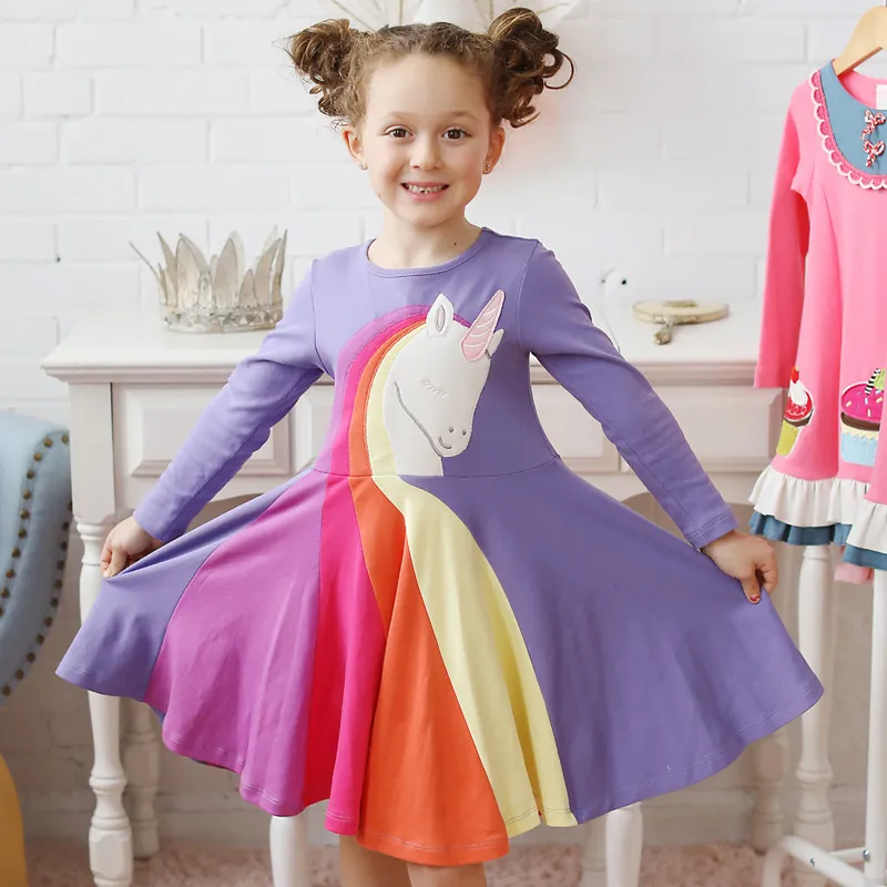 1-5Y Kids Toddler Rainbow Embroidery Cartoon Animal Dress Casual Baby Girls Long Sleeve Dress Stripe Print Princess Dresses Autumn Clothes