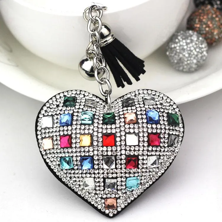 Fashion Keychain Heart Shape Female Full Glass Beads Key Covers Mosaic Leather Fringed Key Chain Car Key Ring Holder Cap Gift