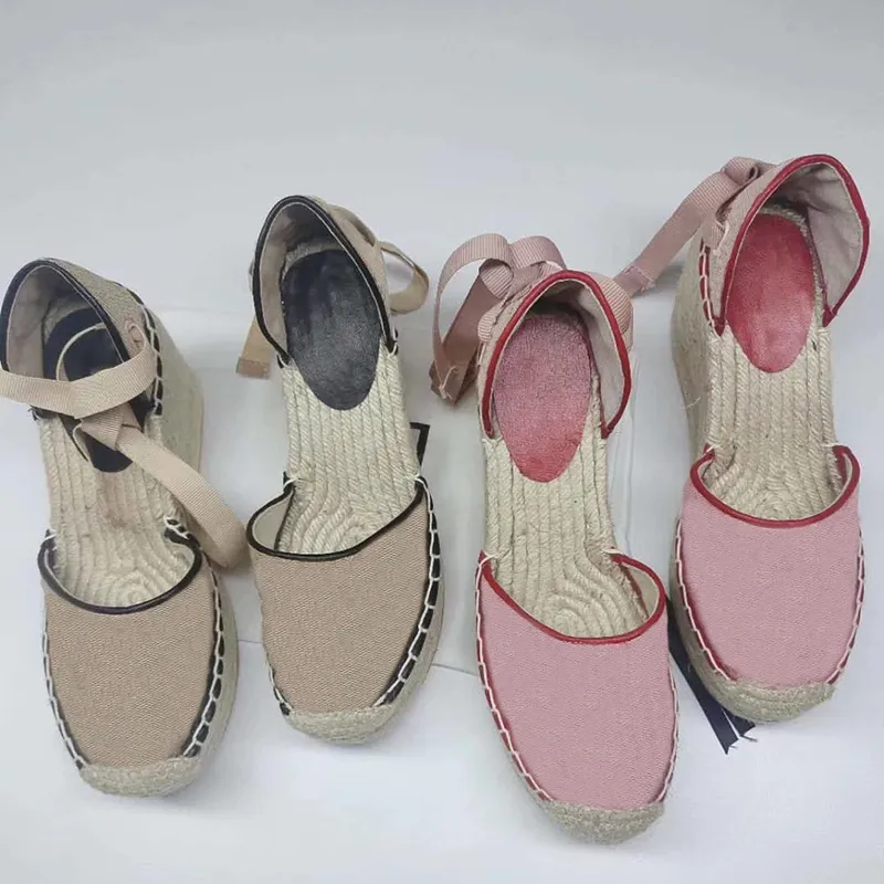 Women`s open-toe platform Espadrille Shoes Fisherman Heel Heels Designer Wedge Sandals matelassé Light Weight Calfskin Shoe Twine Weave Laces-up with box