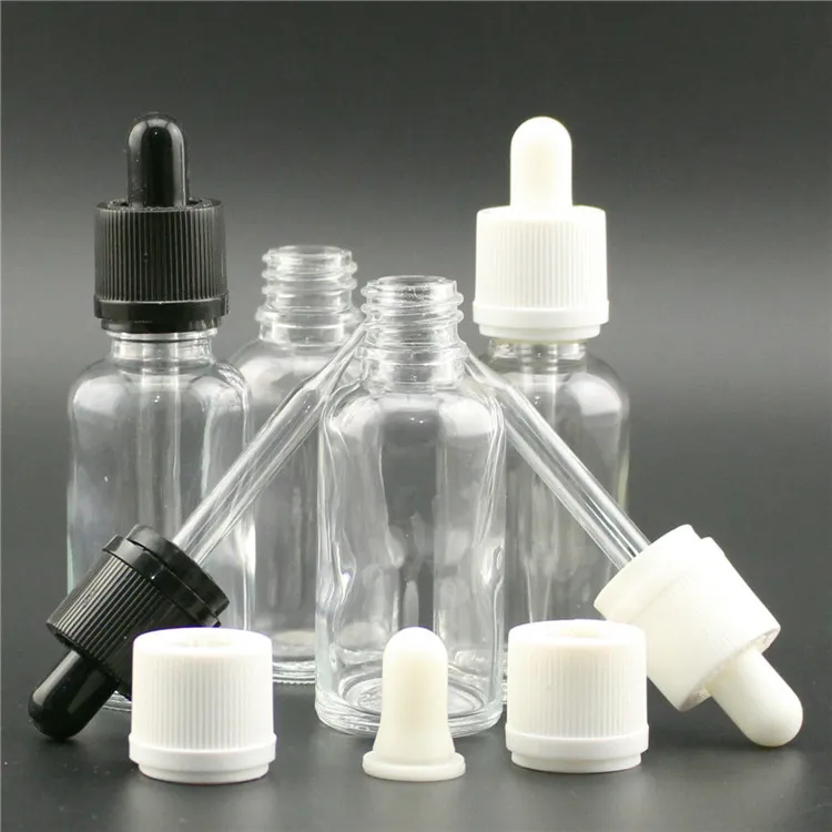 Commercio all'ingrosso Clear E Liquid E Juice Bottiglie contagocce in vetro 30ML Pipetta rotonda Contenitore per olio essenziale con coperchi antimanomissione a prova di bambino 550 Pz / lotto