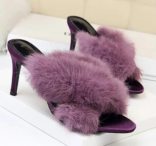 Crystal Kitten Rabbit Fur High Heel Mules Womens Purple Nude Slipper Heels From Walonshoe 29.13 In Bulk DHgate.Com