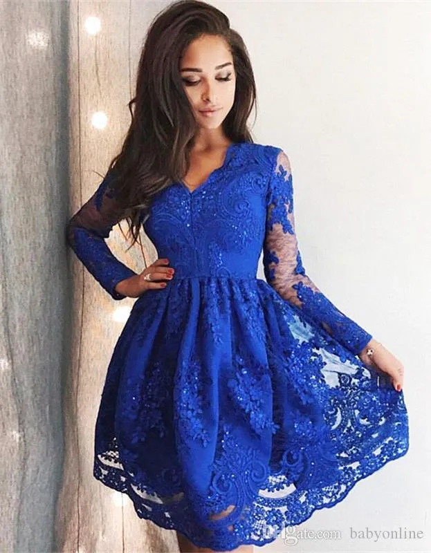 Elegante Royal Azul Uma linha Homecoming Vestidos de Manga Longa Laço V Neck Appliqued Lantejoulas Comprimento Do Joelho Cocktail Dress Curto Prom Vestido