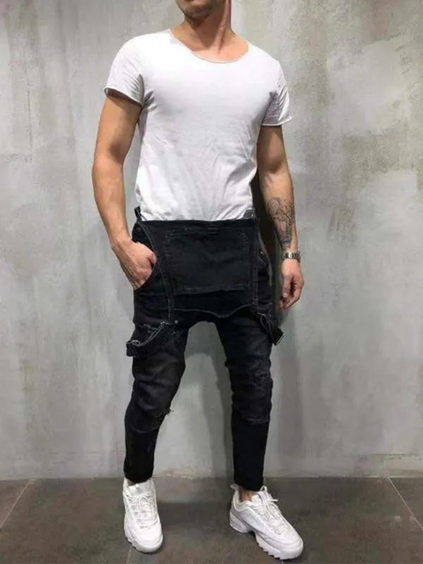 2019 New Style Men 's Ripped Jeans Jumpsuits Hi Street 고민 데님 턱받이 맨 맨 서스펜더 팬츠 1191f