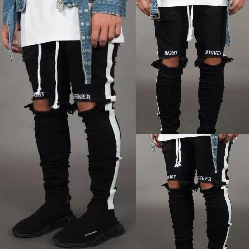 Herren-Stretch-Männer-Knielöcher, zerrissene Röhrenjeans, 2019, schwarze Bleistift-Denim-Hose, Designer-Jogginghose mit Seitenstreifen im Used-Look