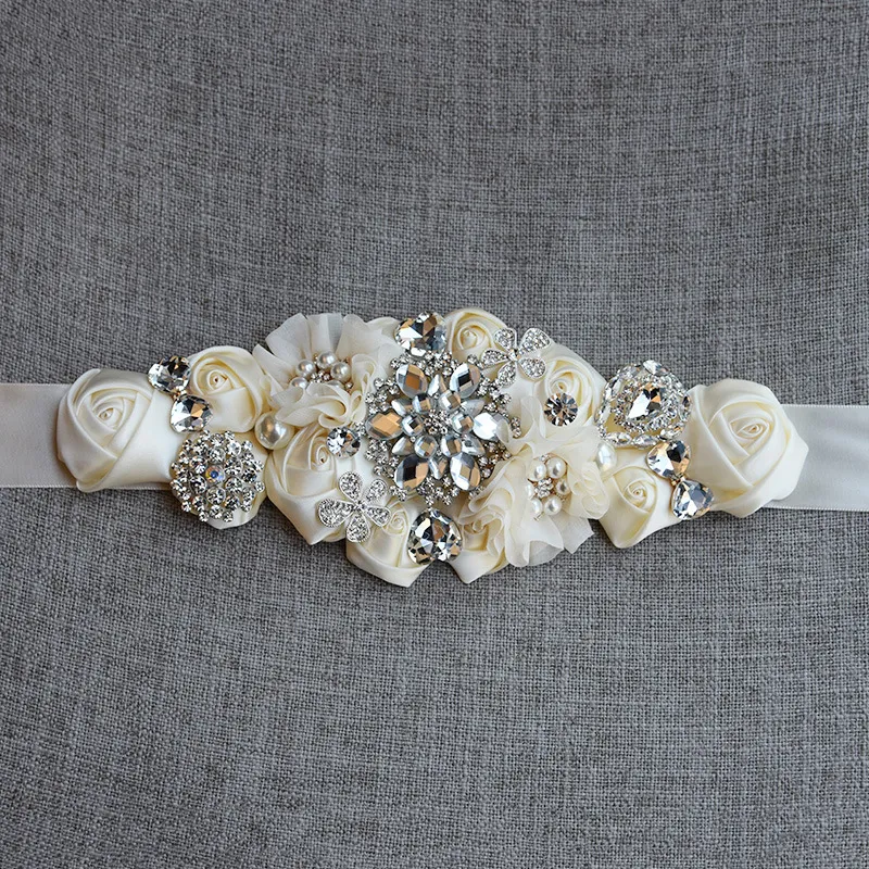 Fashion Flowers Floral Bridal Sashes With Crystal Rhinestone Grey Burgundy White Beige Wedding Belt lacing Style On Lace Wedding Dresses