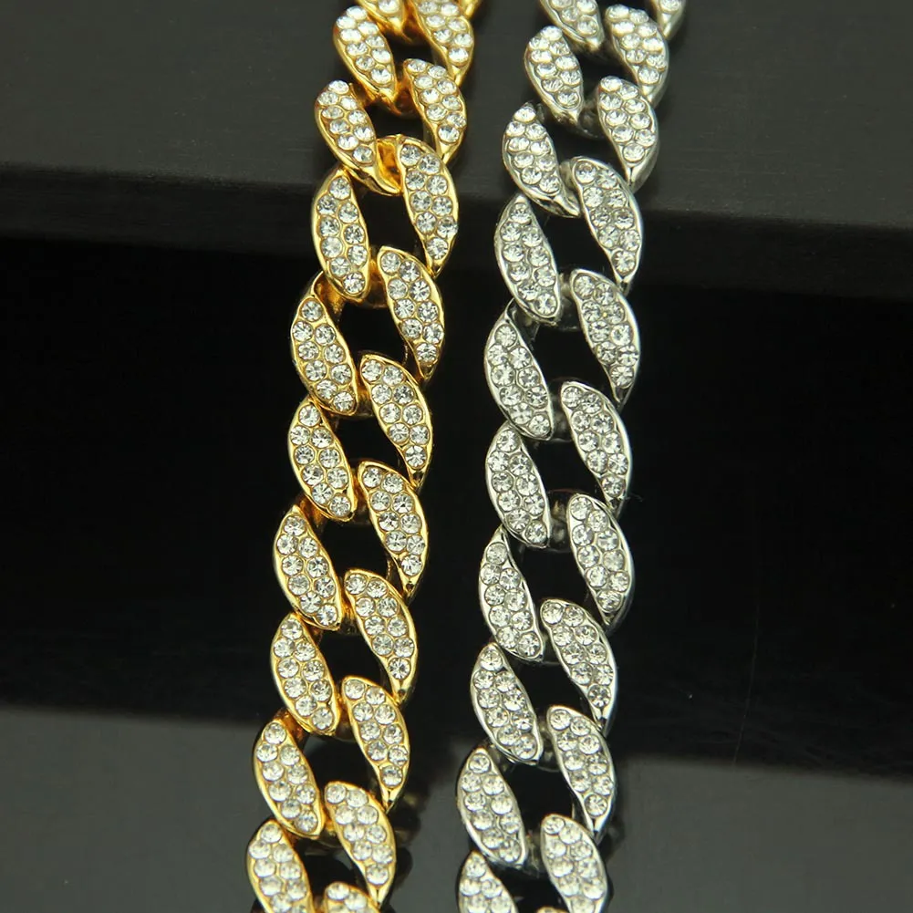 Iced Out Chains Bling Rhinestone Golden Finish Miami Cuban Link Chain Necklace Men's Hip Hop Halsband smycken gåva296p