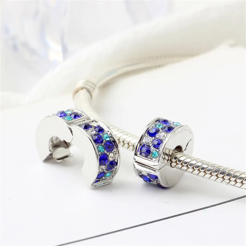 Blauw Wit Strass Ruimte Legering Charm Kraal Clip Mode-sieraden Prachtige Europese Stijl Geschikt Voor DIY Armband Bangle