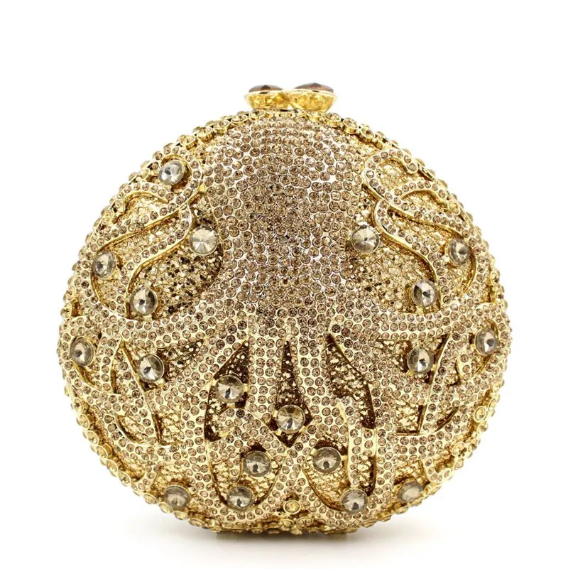 Dgrain Dazzling Gold Octopus Crystal Clutch Evening Purse Bag Women Sea