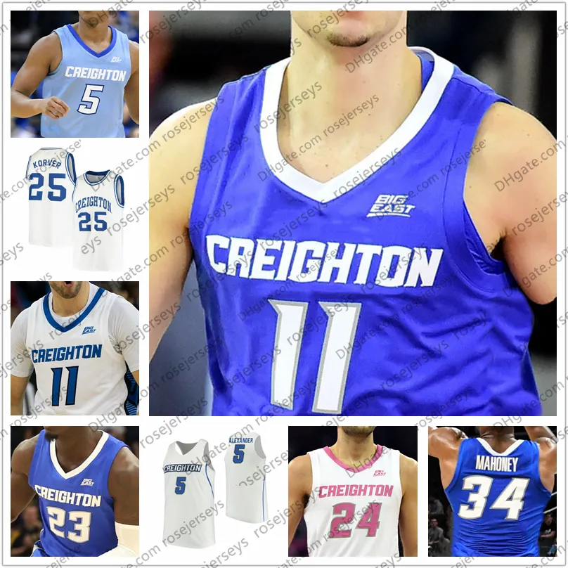 College Basketball Wears Custom 2020 Creighton BLUEJAYS Basketball 5 Ty-Shon Alexander 11 Marcus Zegarowski 24 Mitch Ballock Blue Pink White Men Youth Kid Jersey 4XL