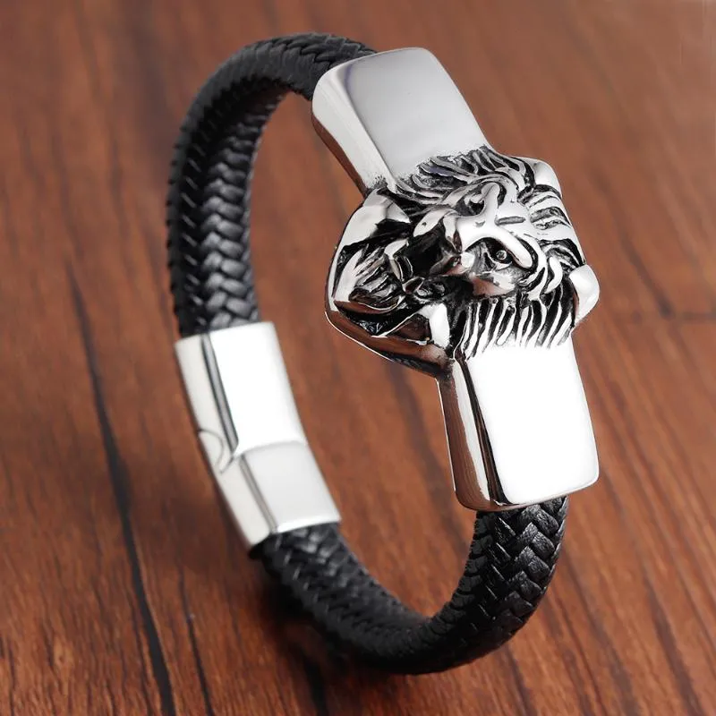 Lion couro corda Men pulseira de aço inoxidável magnética-fecho de couro trançado multi camada hombre pulsera Enrole na moda Armband