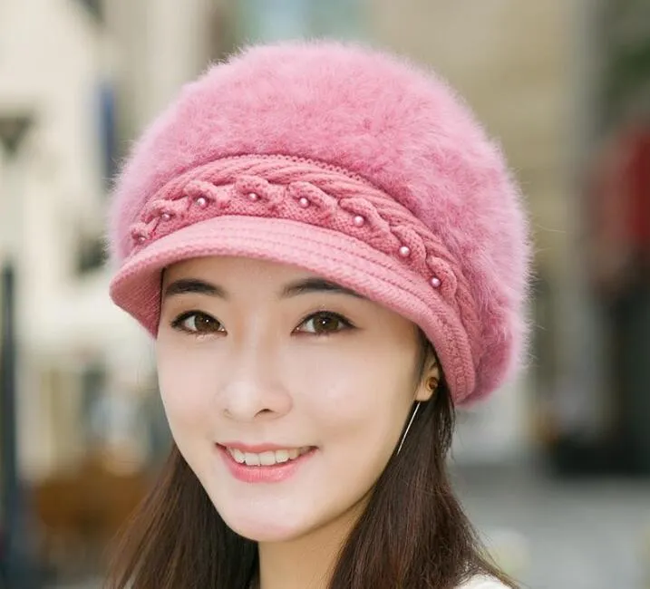 Hot sale Artist Keep warm Pearl Rabbit Beret Hat For Winter Women Keep Hot Fashion Womens Beret Hat Casual Dome Nude Hat