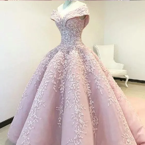 Élégant hors de l'épaule rose robes de mariée 2020 chérie dentelle Applique Satin robe de bal robe de mariée robes de mariée pour la mariée