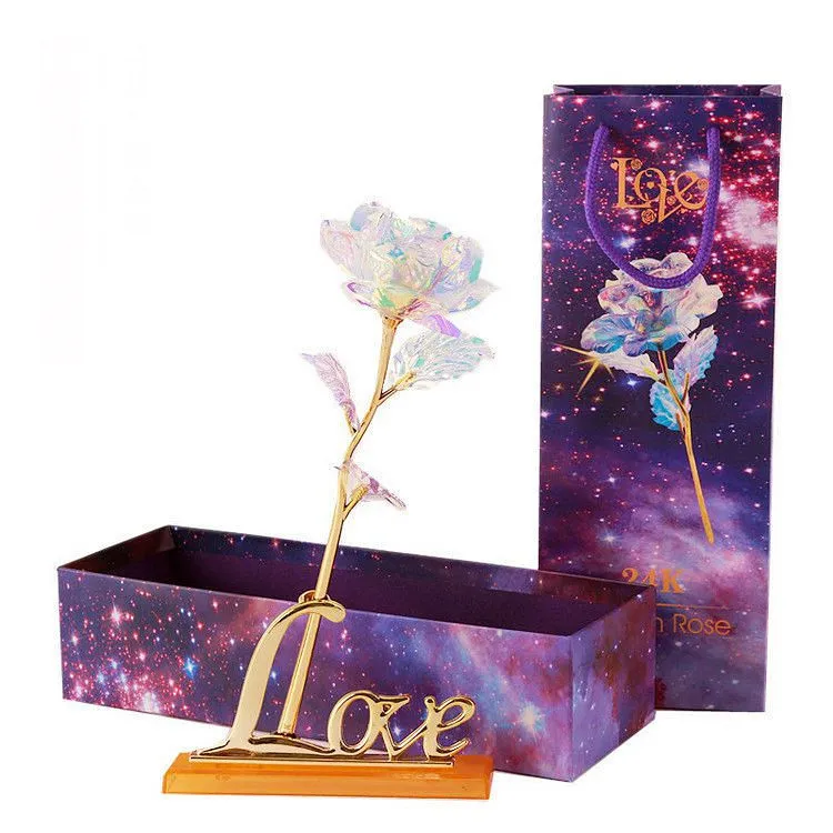 Guldfolie pläterad ros blinkande Lysande Rose Blomma Golden Rose Bröllop Dekor Födelsedag Mors dag Valentine Day Boxed Gift DH1279