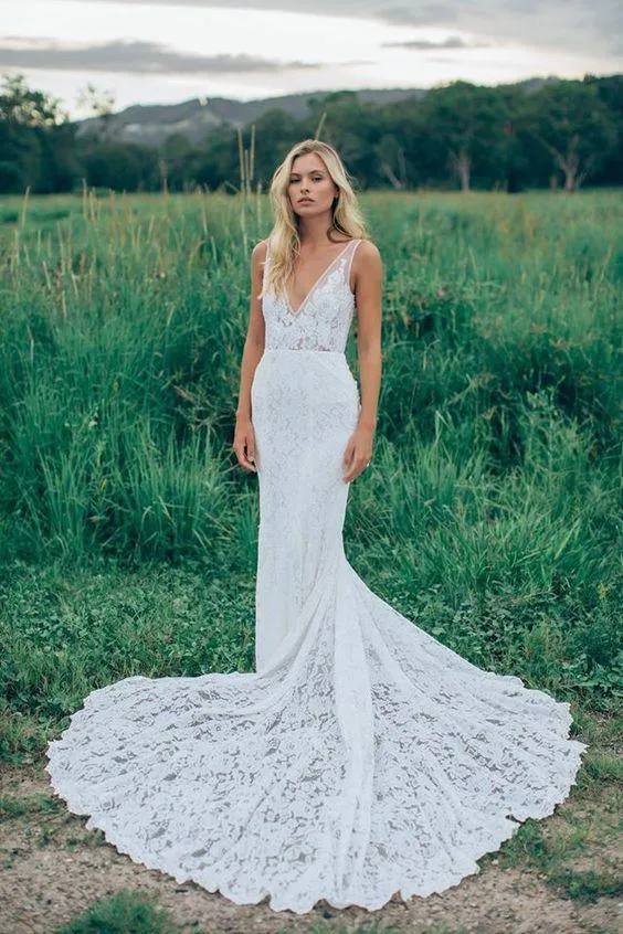 Romantic Boho Elegant Backbload Full кружевные свадебные платья V-образным вырезом Sheer Ruched Novia Attack Mermaid Bohemia Bridal платья с поездом