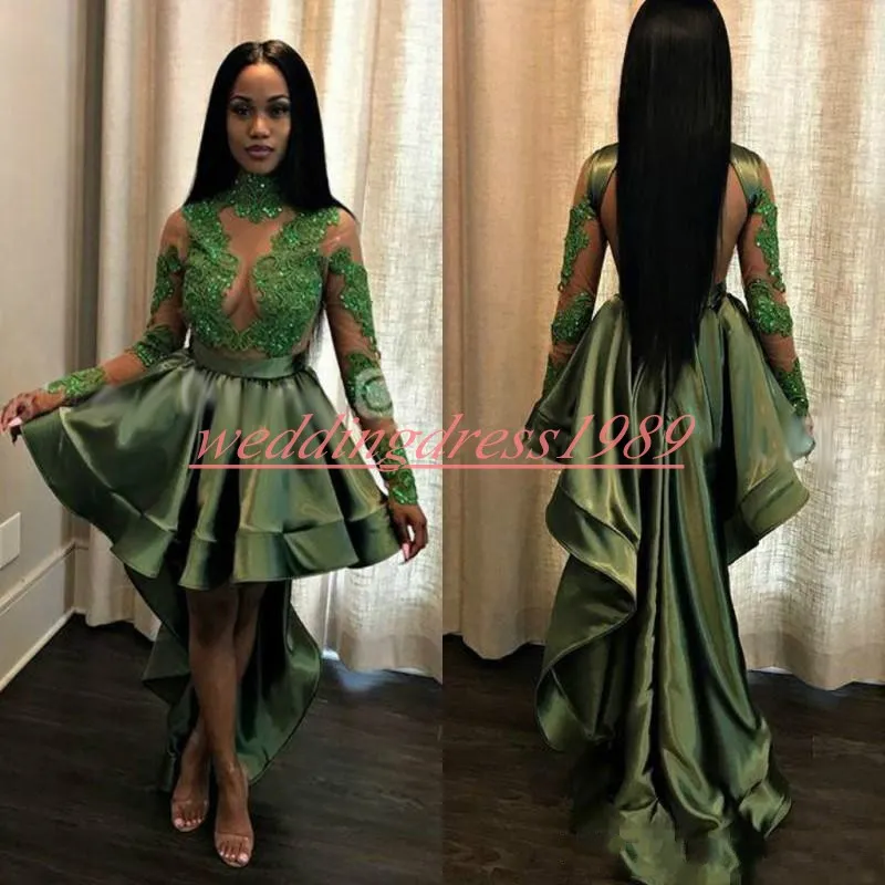 Emerald African High Low Prom Dresses Sheer Open Back Black Girl 2019 Lange Mouw Partyjurken Robe de Soiree Cocktail Juniors Avondjurk