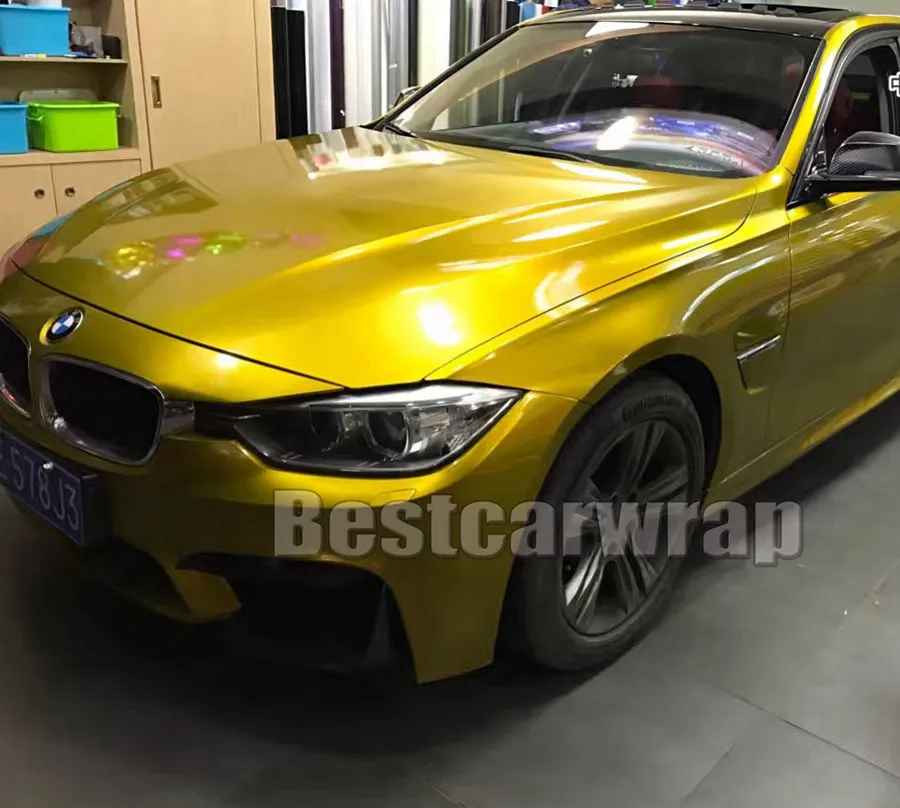 bolha de ouro amarelo Gloss Doce Metallic Vinyl WRAP Whole Car Enrole Com ar livre de baixa aderência cola de qualidade 3M inicial 1.52x20m / Roll (5x65ft