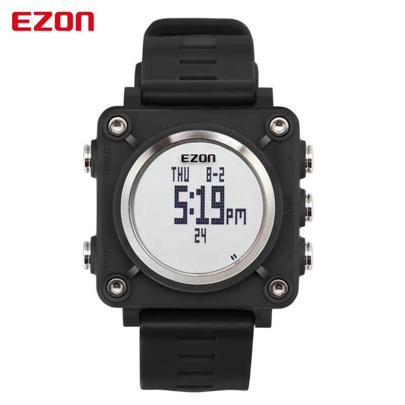EZON L012 독특한 보그 남성 디지털 시계 세계 시간 중지 나침반 다기능 캐주얼 손목 시계 학생