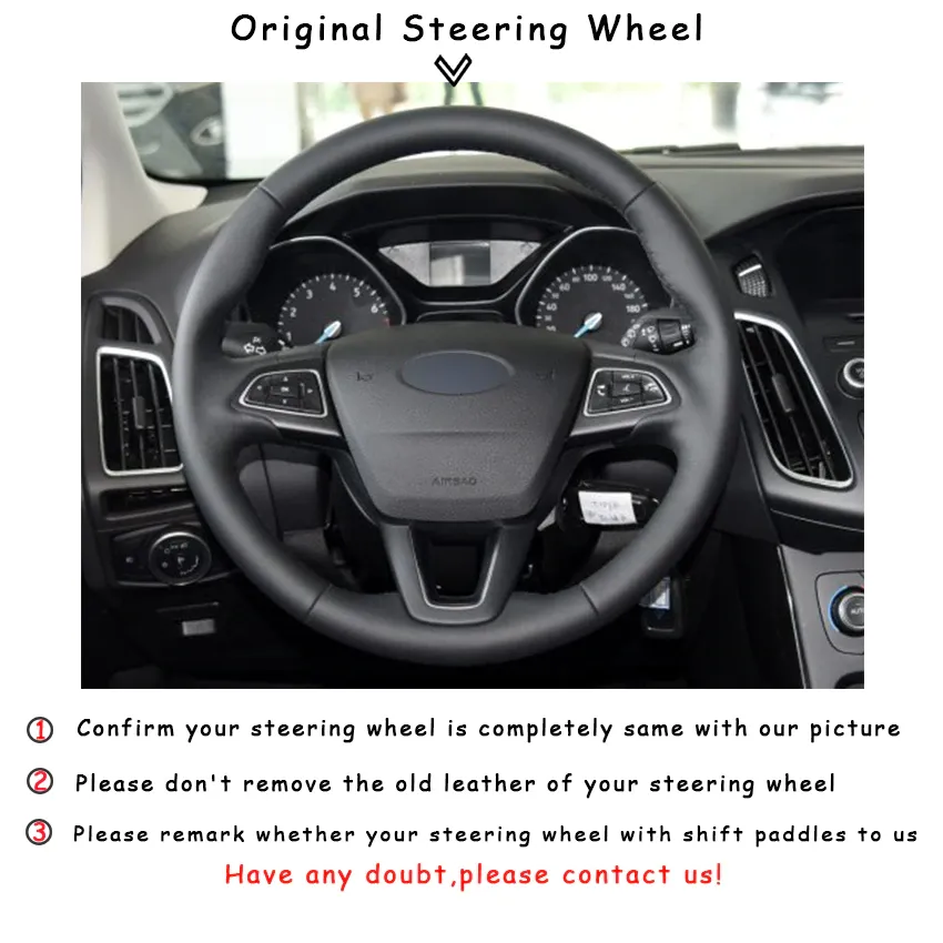 Black Synthetic Leather Car Steering Wheel Cover for Ford Focus 3 2015-2018 Kuga 2016-2018 Escape 2016-2018273T