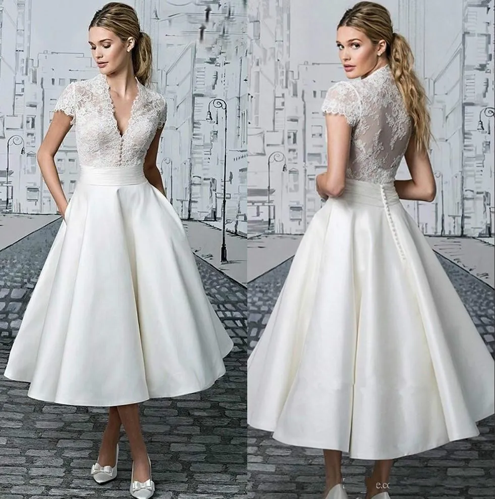Tea Length Wedding Dress: Vintage Inspired Lace A Line V