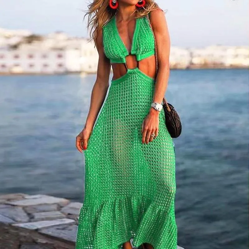 صيف أخضر الشبكة فستان المرأة أزياء مثير سوينغ كبير مثير لباس صلبة فستان الصدر جولة خاتم الطرف الطويل للإناث