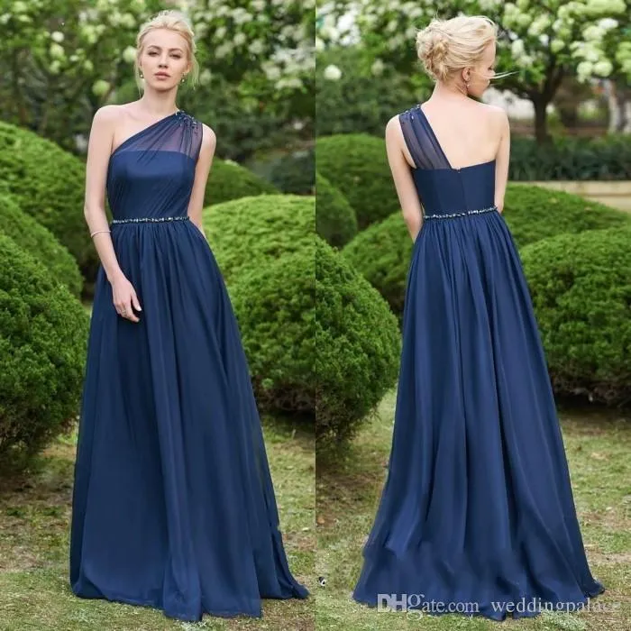 Magnifique one épaule sexy Navy Bridesmaid Long Mariffon Prom Robe en ligne Maid d'honneur Robes de soirée Tempérament Es 0505