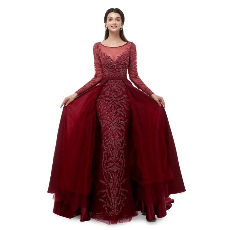 Burgundy Long Sleeves Tulle Beading Detachable Train Formal Prom Dress Burgundy Long Sleeves Tulle Beading Detachable Train Formal Prom Dress