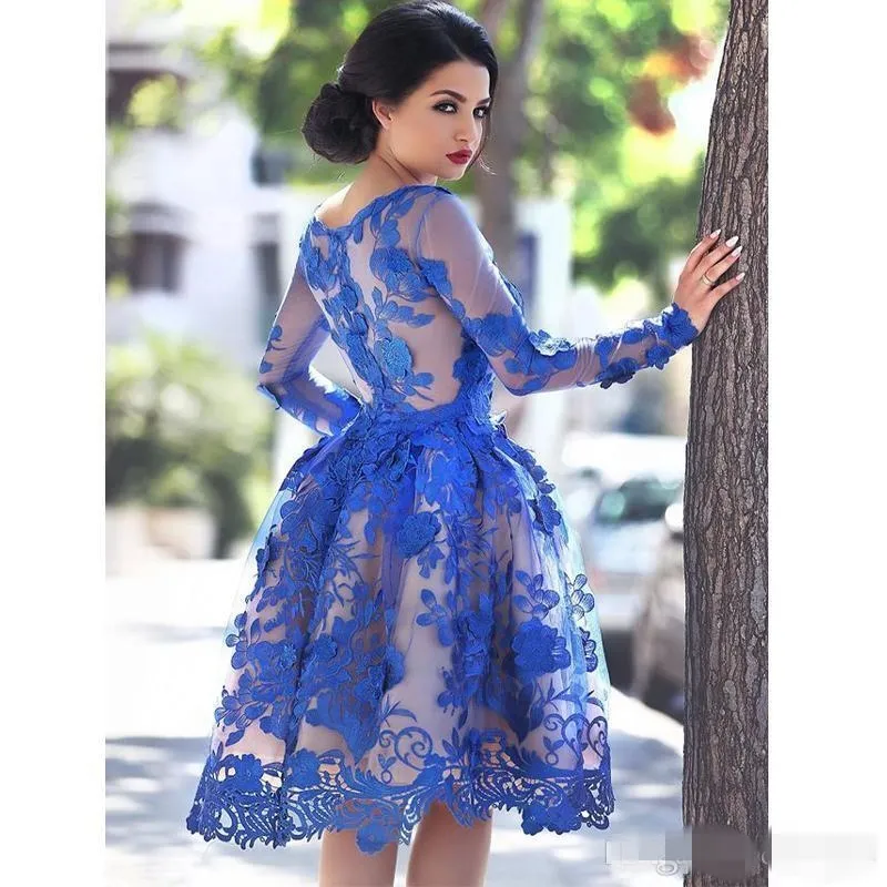 DHgate Blue Lace Applique Prom Dress Short Scoop Neck A Line Illusion Knee Length Long Sleeves Party Gown Wedding Party Events
