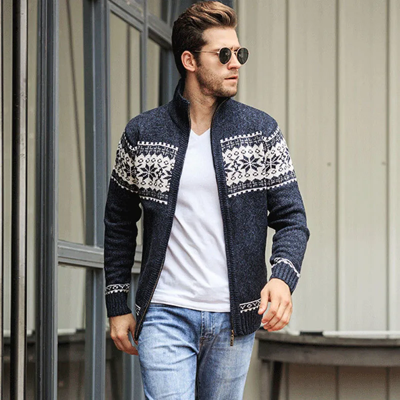 Mode hommes Jacquard pull manteau Style britannique tricoté Cardigan col roulé pleine fermeture éclair décontracté sauvage chaud hiver laine pull