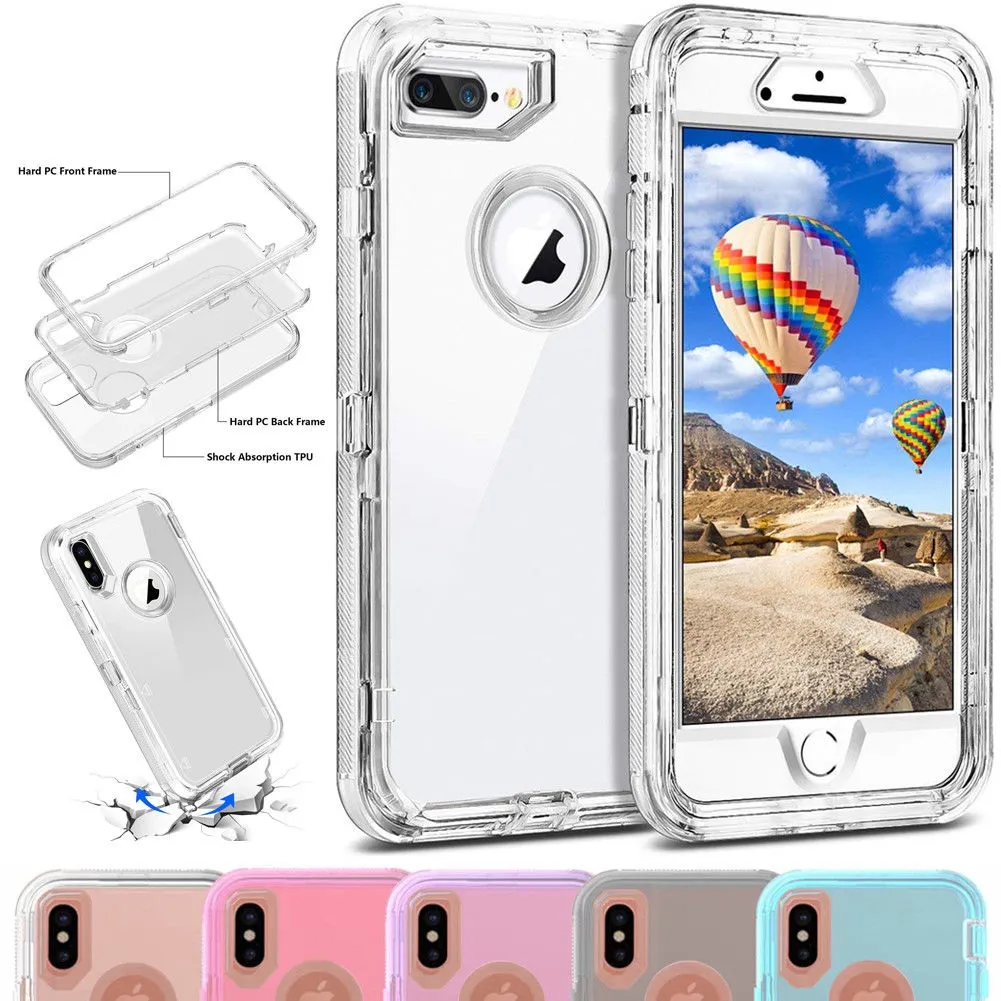 För iPhone 12 Mini 11 Pro X XR XS MAX 8 7 6S Plus Transparenta Robot Cases 3in1 Telefonfodral utan klipp