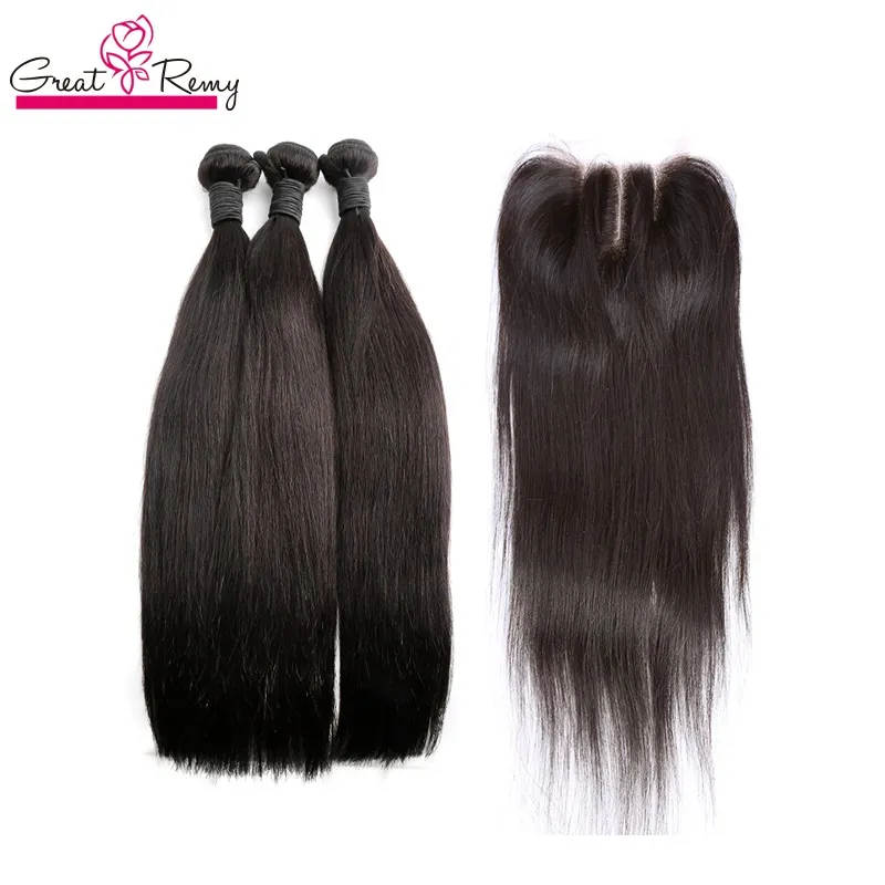 GreatreMy Brazylijski jedwabiste proste włosy wątek z górnym zamknięciem 4x4 koronkowe zamykanie Virgin Hair Bundle 4pcs Pełna głowa naturalny kolor ludzki dziewicze włosy