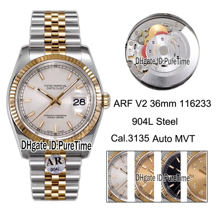 La mejor edición ARF v2 904L de acero DateJust 36mm 116233 Dos tonos Real 18K Dial de plata amarillo Swiss Cal.3135 Reloj automático para hombre Puretime 1