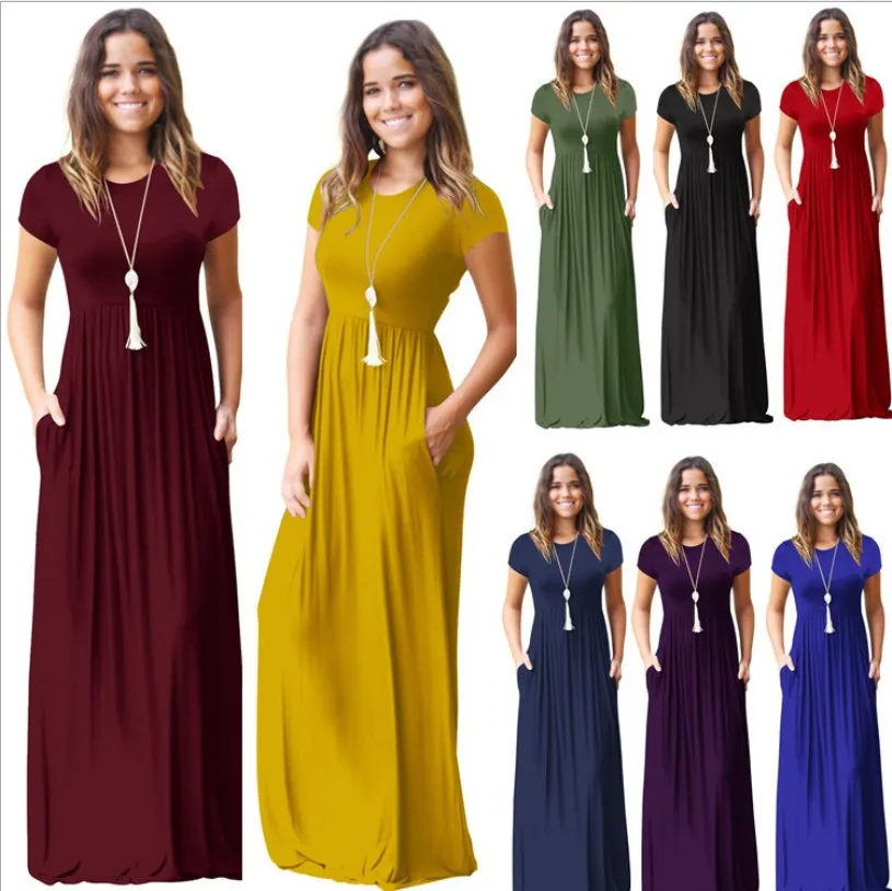 Solid color short sleeve maxi dresses Women lady girls Casual Long Party Summer Beach Pocket dress