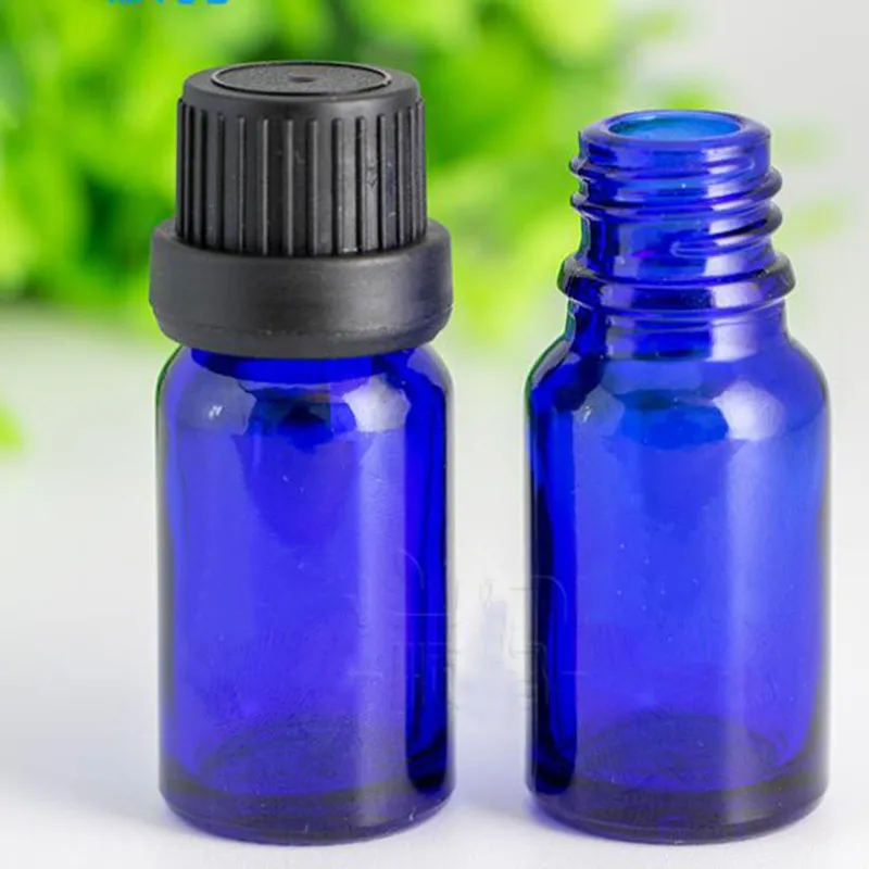 Bouteilles en gros de 3 oz Blue Groteper Bouteilles d'épaisses bouteilles de gouttes en verre de 10 ml avec grande tête Black Cap pour E Liquid Essence Perfume Aromatherapy