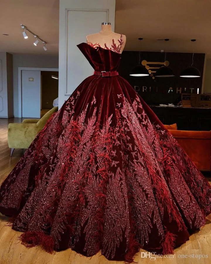 Luxury Sparkly Sequined Balll Gown Prom Dress Vintage Burgundy Velvet Formal Evening Party Gown With Feathers Long Quinceanera Dresses
